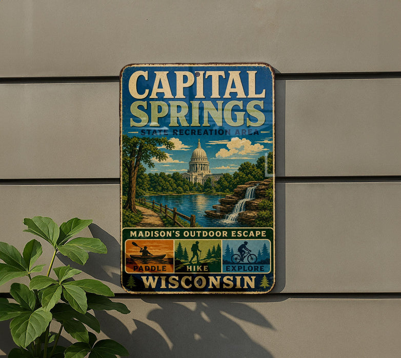 A vintage metal sign for Capital Springs State Recreation Area in Wisconsin, featuring a scenic illustration of the state's outdoor activities such as paddle, hike, and explore.