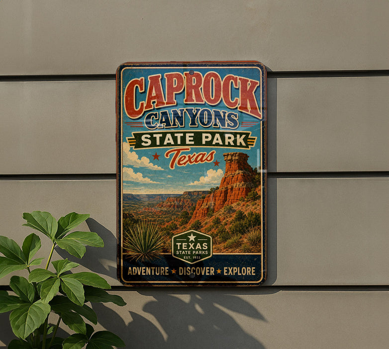 A vintage metal sign for Caprock Canyon State Park in Texas, featuring a desert landscape with a prominent rock formation.