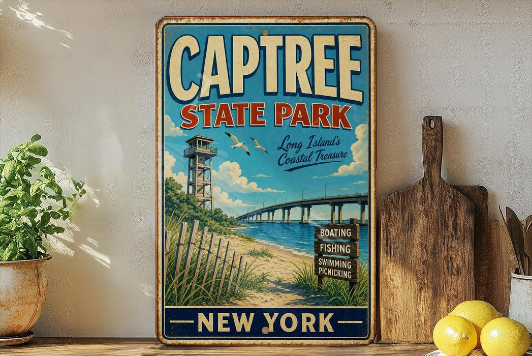 A vintage-style metal sign for Captree State Park in New York, featuring an illustration of a bridge, beach, and birds.