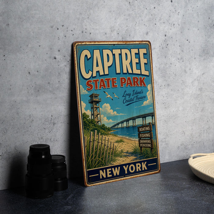 A vintage metal sign for Captree State Park in New York, featuring a scenic illustration of the park and its surroundings.