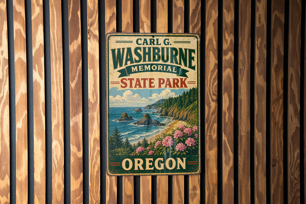 A vintage-style metal sign for Carl G. Washburne Memorial State Park in Oregon, featuring a scenic landscape with mountains, forests, and a body of water.