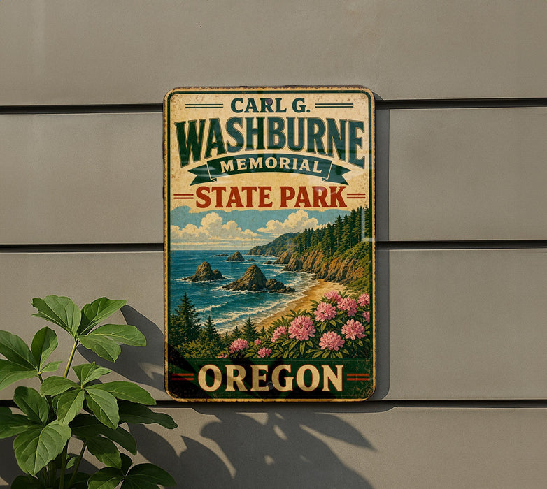 A vintage metal sign for Carl G. Washburne Memorial State Park in Oregon, featuring a scenic coastal landscape with mountains, ocean, and pink flowers.