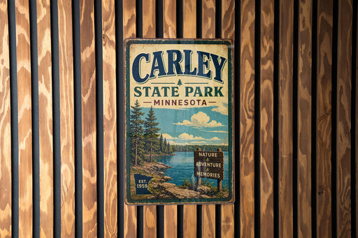 A vintage metal sign for Carley State Park in Minnesota, featuring a scenic landscape with pine trees, a lake, and mountains.