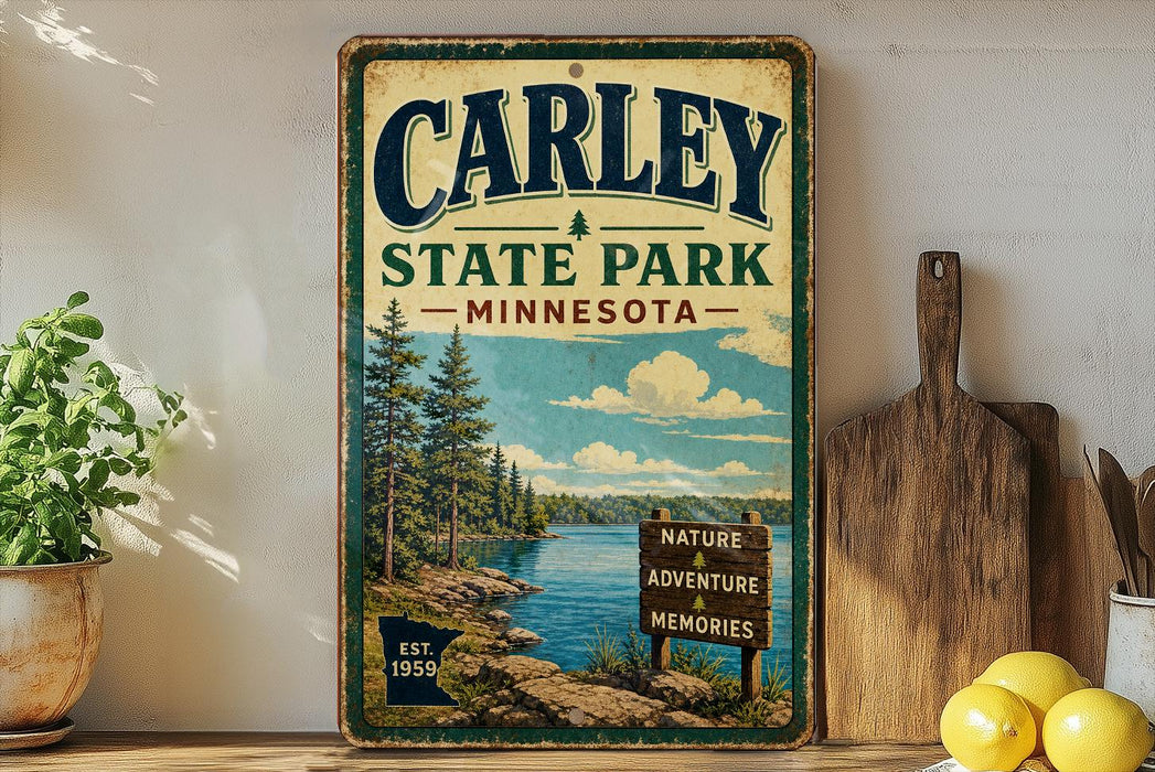 A vintage-style metal sign for Carley State Park in Minnesota, featuring a scenic landscape with pine trees, a lake, and a sign that says "Nature, Adventure, Memories".