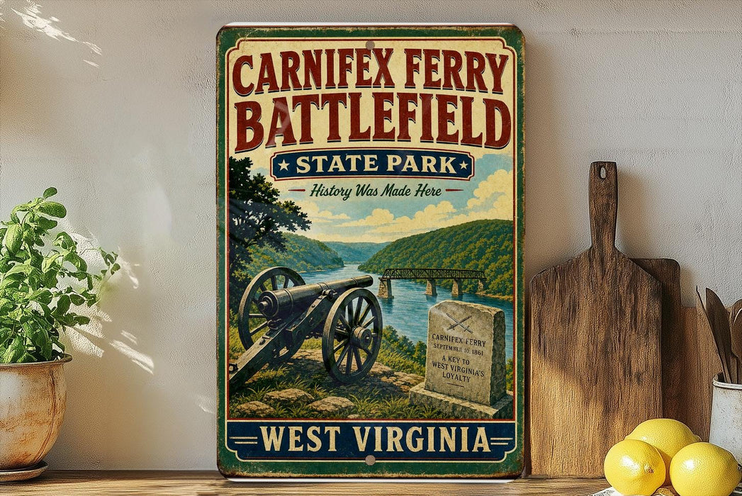 a vintage-style sign for Carniffex Ferry Battlefield State Park, with a cannon and a gravestone in the foreground, and a wooden cutting board and a potted plant to the side.