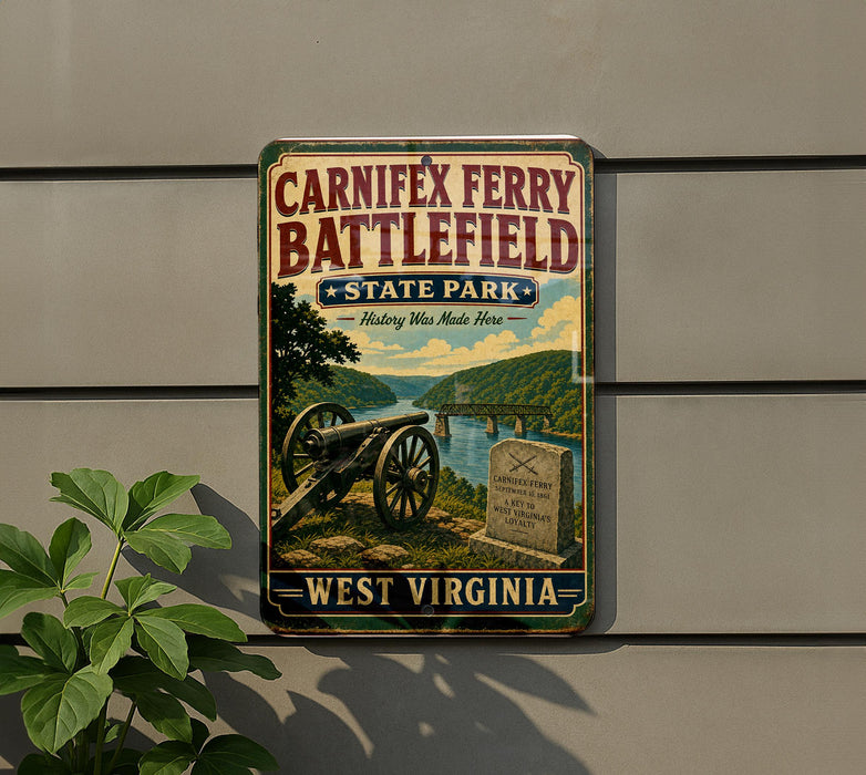 a vintage-style sign for Carniffex Ferry Battlefield State Park in West Virginia, with a cannon and a gravestone in the foreground.