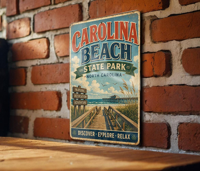 A vintage metal sign for Carolina Beach State Park, featuring a scenic beach view with a wooden pier and a sign indicating the park's nature, recreation, and adventure offerings.