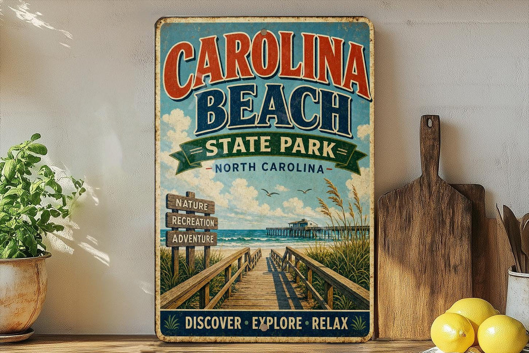 a vintage-style sign for Carolina Beach State Park, with a wooden pier and beach scene, surrounded by various kitchen utensils and a potted plant.