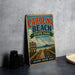 A vintage-style sign for Carolina Beach State Park, featuring a beach scene with a pier and birds in the sky, along with the text "Carolina Beach State Park - North Carolina" and "Discover, Explore, Relax".