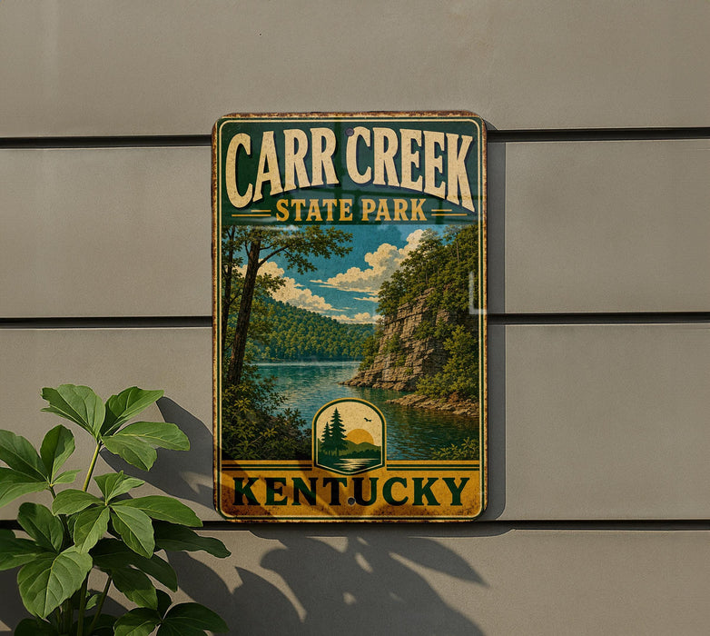 A vintage metal sign for Carr Creek State Park in Kentucky, featuring a scenic landscape with a lake and mountains.