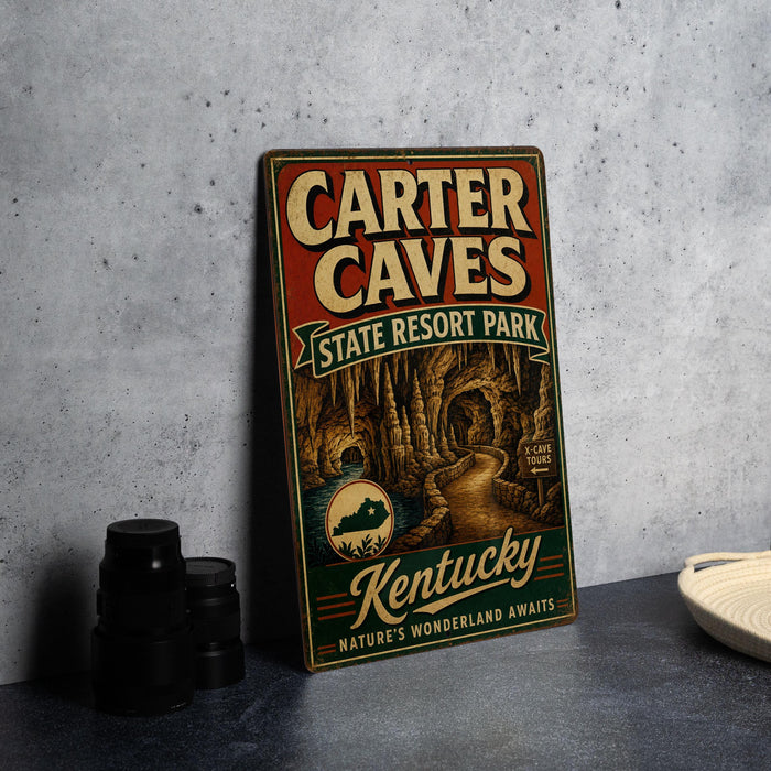 A vintage-style metal sign for Carter Caves State Resort Park in Kentucky, featuring an illustration of the cave system and the text "Kentucky's Wonderland Awaits".