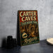 A vintage-style metal sign for Carter Caves State Resort Park in Kentucky, featuring an illustration of the cave system and the text "Kentucky's Wonderland Awaits".
