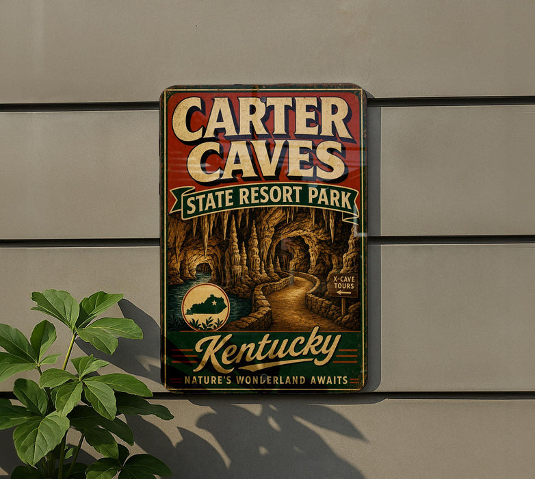 A vintage metal sign for Carter Caves State Resort Park in Kentucky, featuring an illustration of a cave system and the text "Kentucky Nature's Wonderland Awaits".
