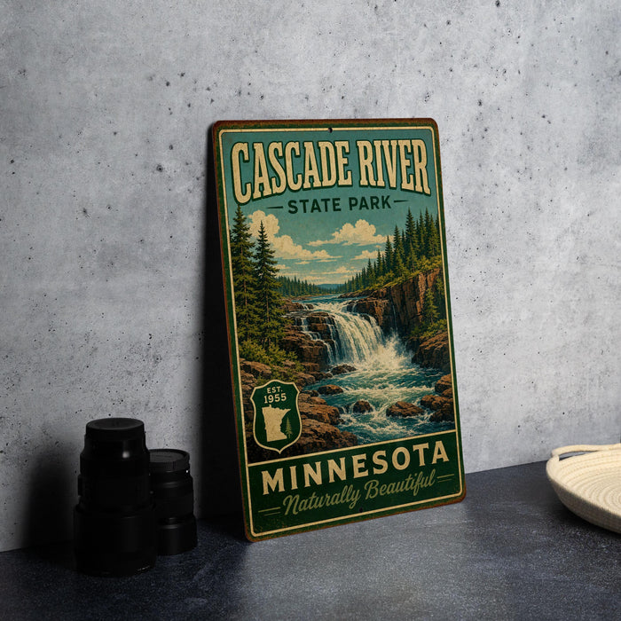 A vintage-style metal sign for Cascade River State Park in Minnesota, featuring a scenic illustration of the waterfall and forest.