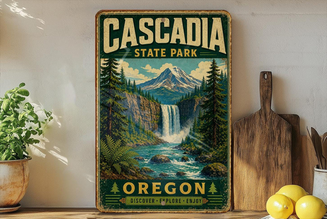 A vintage-style poster of the Cascade State Park in Oregon, featuring a waterfall surrounded by pine trees and mountains.