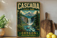 A vintage-style poster of the Cascade State Park in Oregon, featuring a waterfall surrounded by pine trees and mountains.