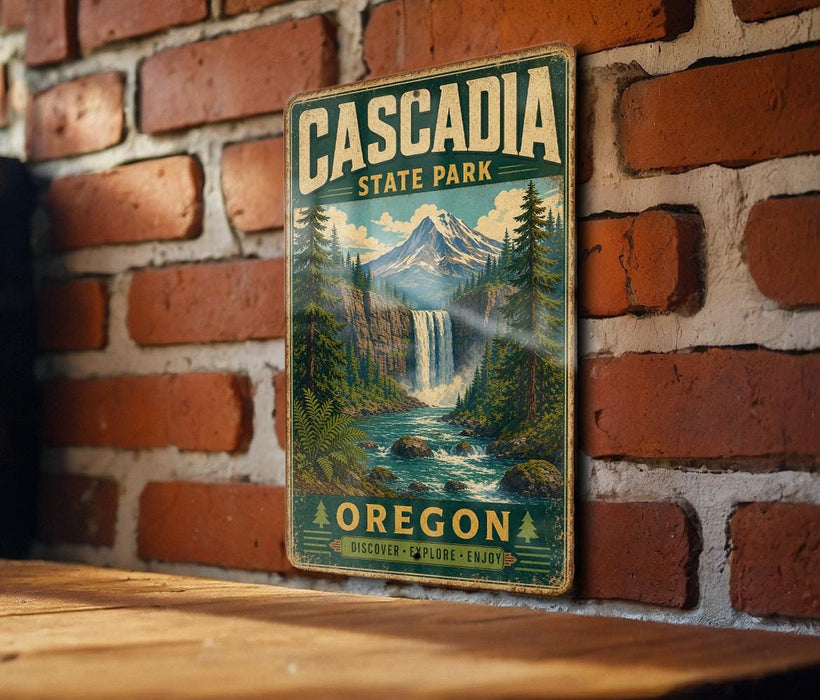 A vintage metal sign for Cascadia State Park in Oregon, featuring a scenic illustration of a waterfall and forest.