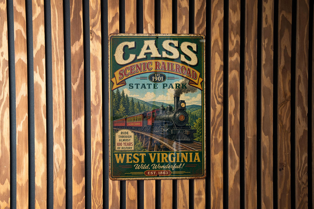 A vintage-style metal sign for Cass Scenic Railroad, featuring a train and the text "CASS SCENIC RAILROAD EST. 1901 STATE PARK WEST VIRGINIA Wild, Wonderful!"