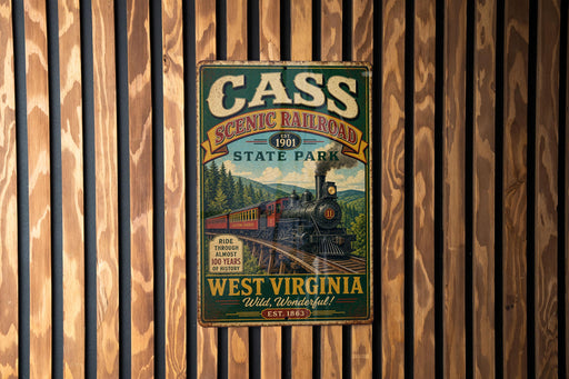 A vintage-style metal sign for Cass Scenic Railroad, featuring a train and the text "CASS SCENIC RAILROAD EST. 1901 STATE PARK WEST VIRGINIA Wild, Wonderful!"