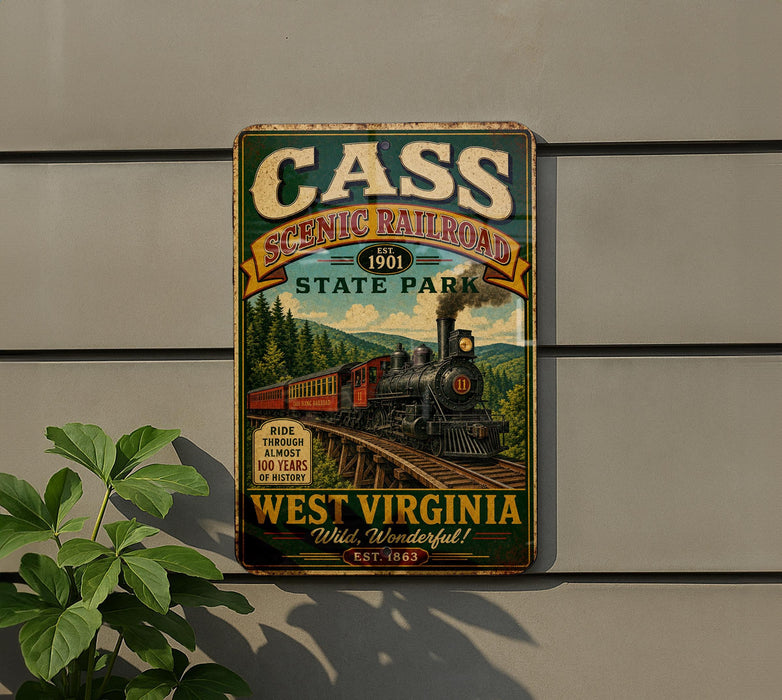 a vintage-style metal sign with a train and a scenic landscape, mounted on a wall.