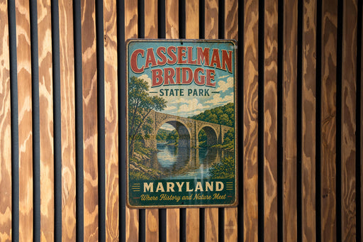 A vintage metal sign for Casselman Bridge State Park in Maryland, featuring a scenic illustration of the bridge and surrounding landscape.