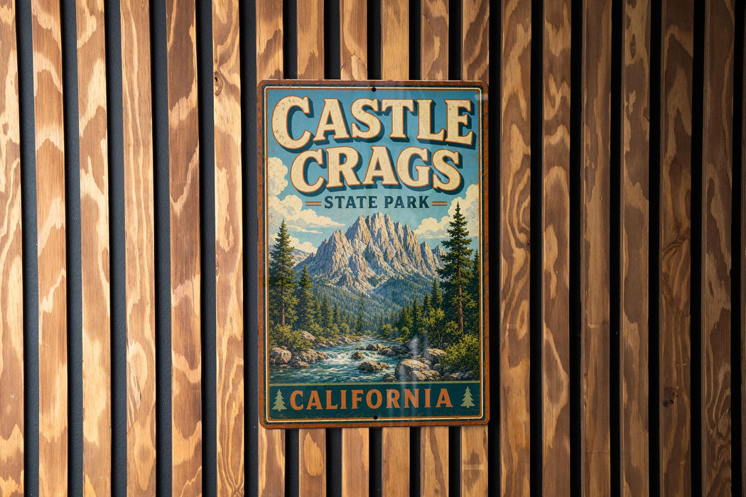 A vintage-style metal sign for Castle Crags State Park in California, featuring a mountain landscape and a river.