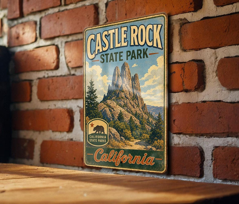 A vintage-style metal sign for Castle Rock State Park in California, featuring a scenic mountain landscape.