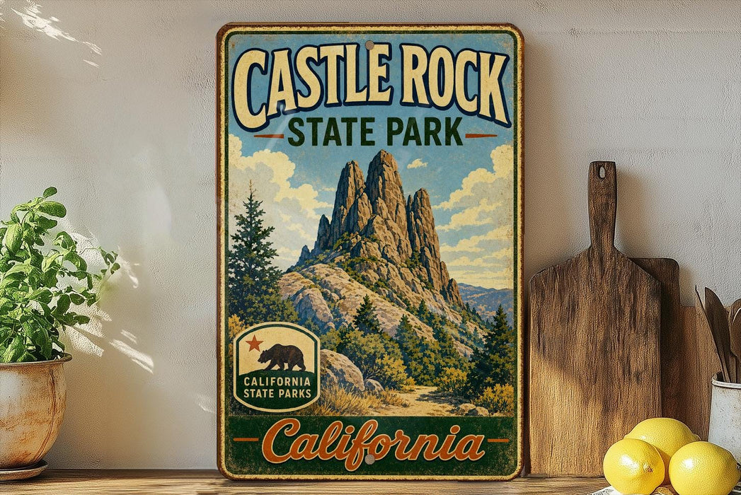 A vintage-style sign for Castle Rock State Park in California, featuring a mountain landscape with pine trees and a bear.