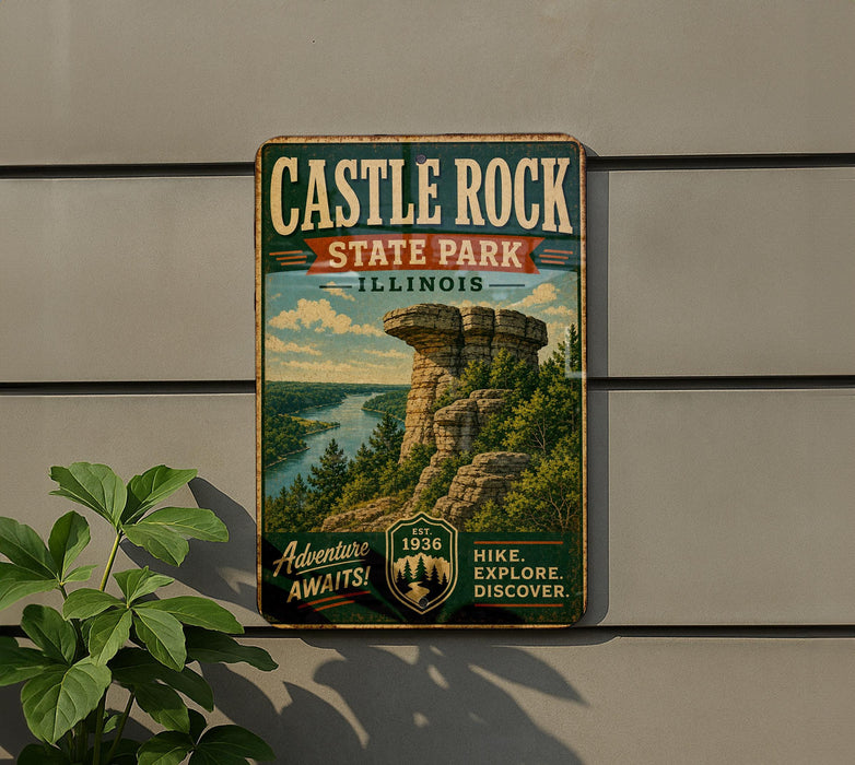 A vintage-style metal sign for Castle Rock State Park in Illinois, featuring a scenic illustration of a rock formation and a river.