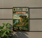 A vintage-style metal sign for Castle Rock State Park in Illinois, featuring a scenic illustration of a rock formation and a river.