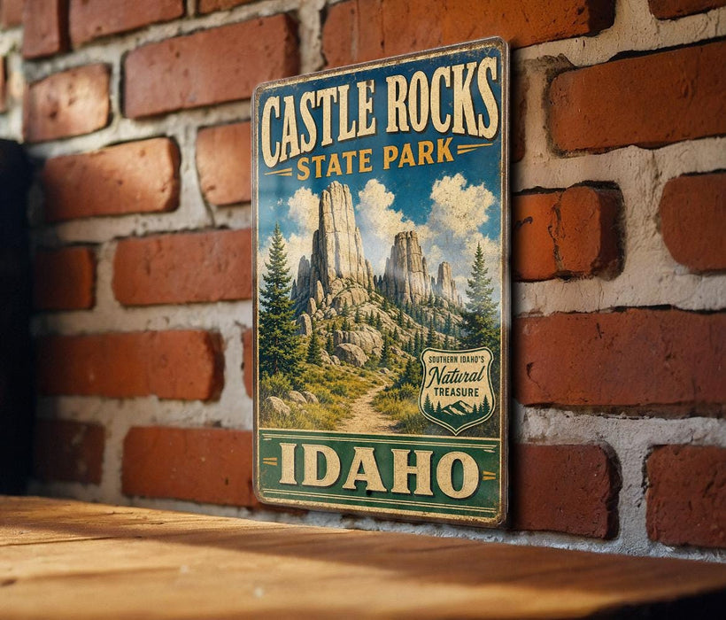 A vintage-style metal sign for Castle Rocks State Park in Idaho, featuring a scenic mountain landscape.