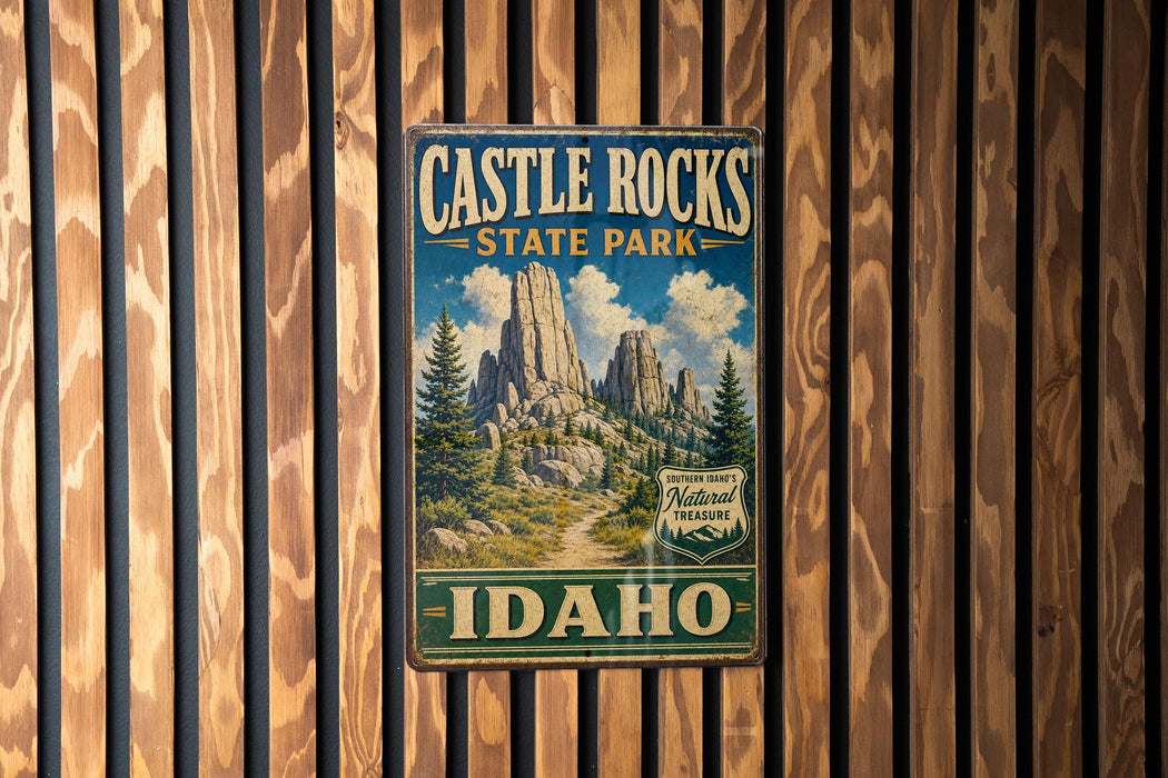 A vintage-style metal sign for Castle Rocks State Park in Idaho, featuring a scenic mountain landscape.