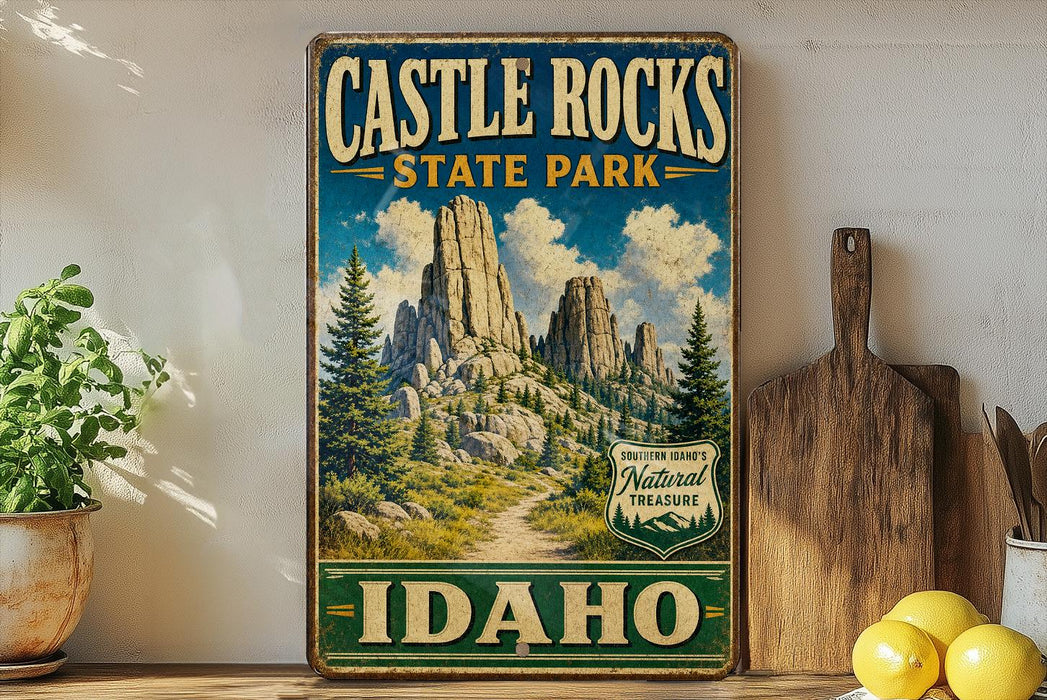 A vintage-style sign for Castle Rocks State Park in Idaho, featuring a scenic mountain landscape with pine trees and a winding path.