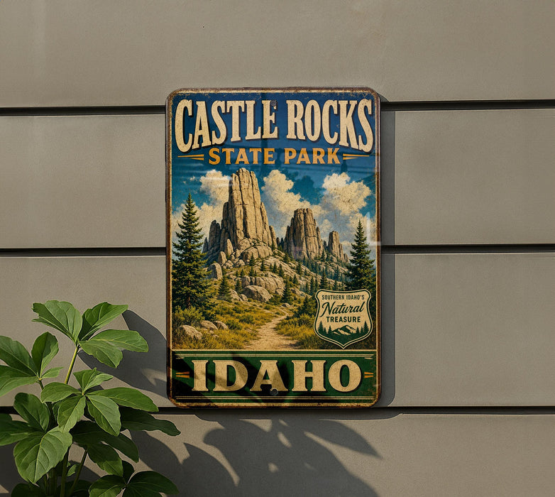 A vintage-style metal sign for Castle Rocks State Park in Idaho, featuring a scenic mountain landscape with pine trees and a winding path.