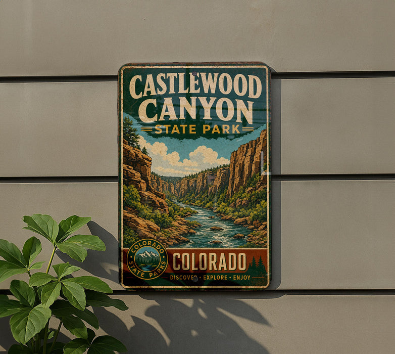 A vintage-style metal sign for Castlewood Canyon State Park, featuring a scenic illustration of the canyon landscape.