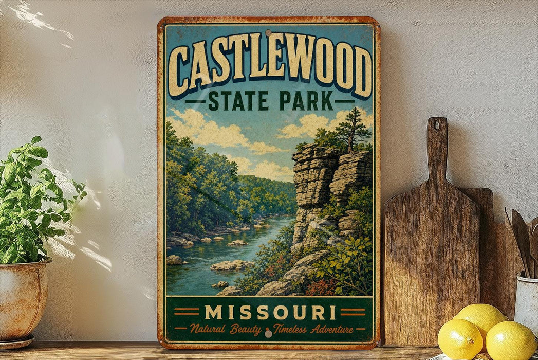 A vintage-style metal sign for Castlewood State Park in Missouri, featuring a scenic landscape with a river and rocky cliffs.