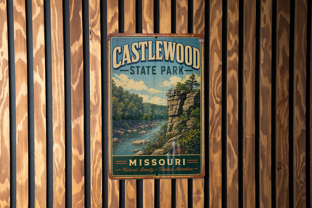 A vintage-style metal sign for Castlewood State Park in Missouri, featuring a scenic landscape with a river and mountains.