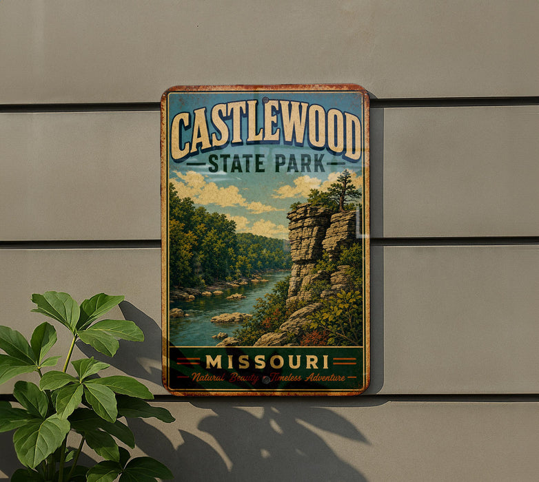 A vintage-style metal sign for Castlewood State Park in Missouri, featuring a scenic landscape with a river and cliffs.