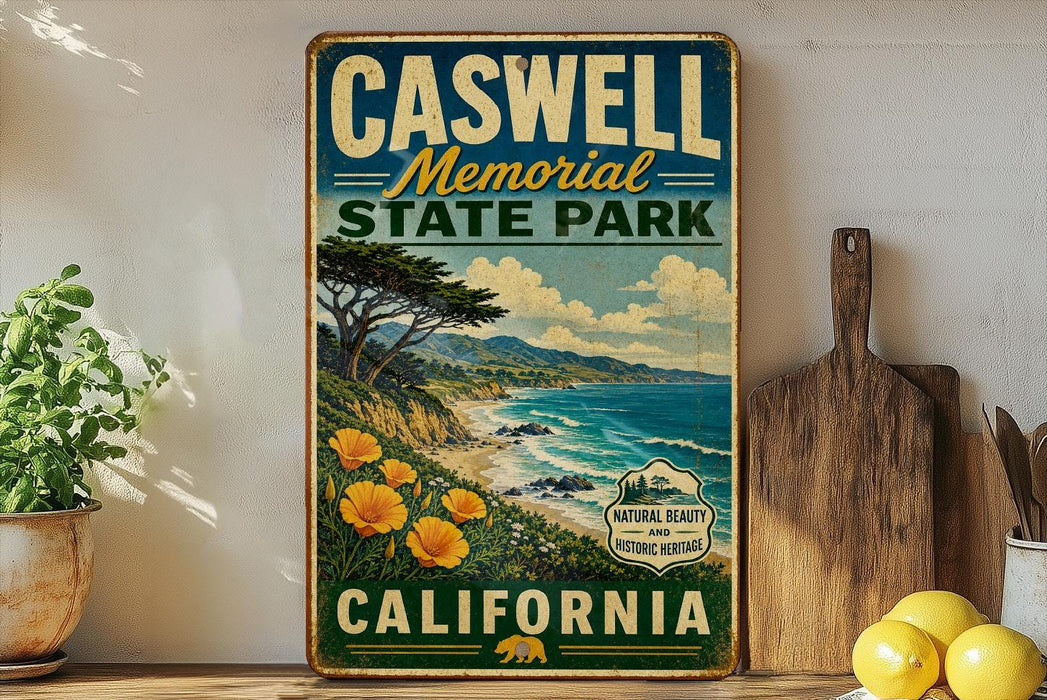A vintage-style sign for Caswell Memorial State Park in California, featuring a scenic landscape with a beach, mountains, and a pine tree.