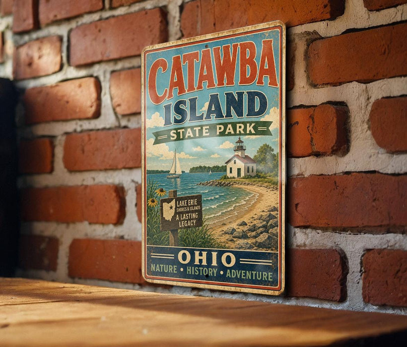 A vintage metal sign for Catawba Island State Park, featuring a lighthouse and a beach scene, is displayed on a brick wall.