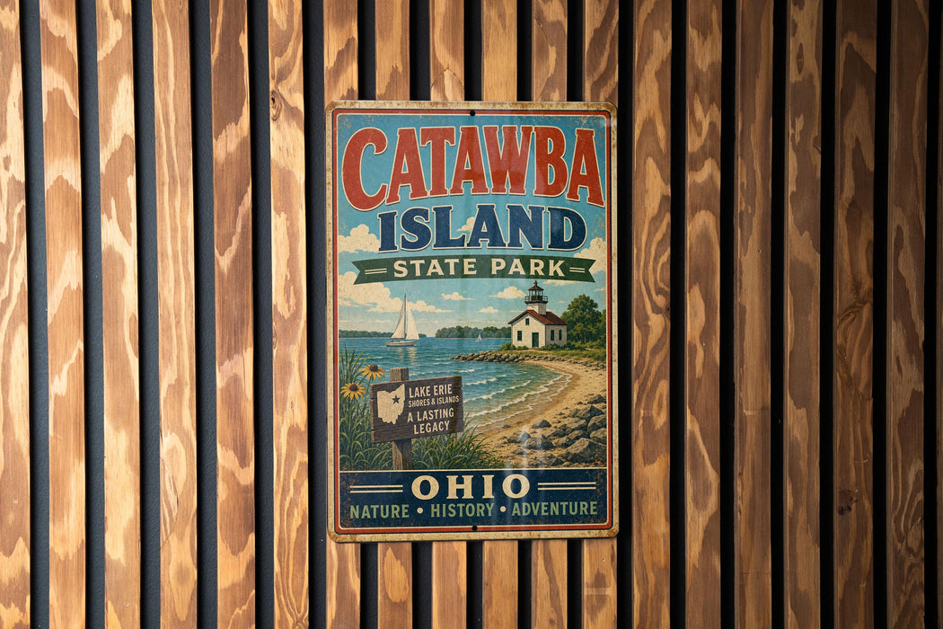 A vintage metal sign for Catawba Island State Park in Ohio, featuring a lighthouse and a beach scene.