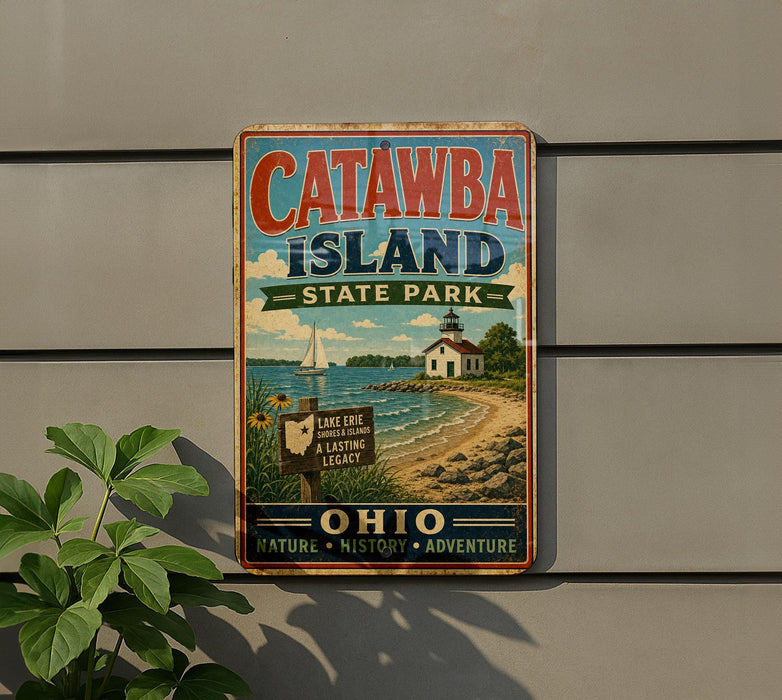 A vintage metal sign for Catawba Island State Park, featuring a scenic illustration of Lake Erie, a lighthouse, and a beach.