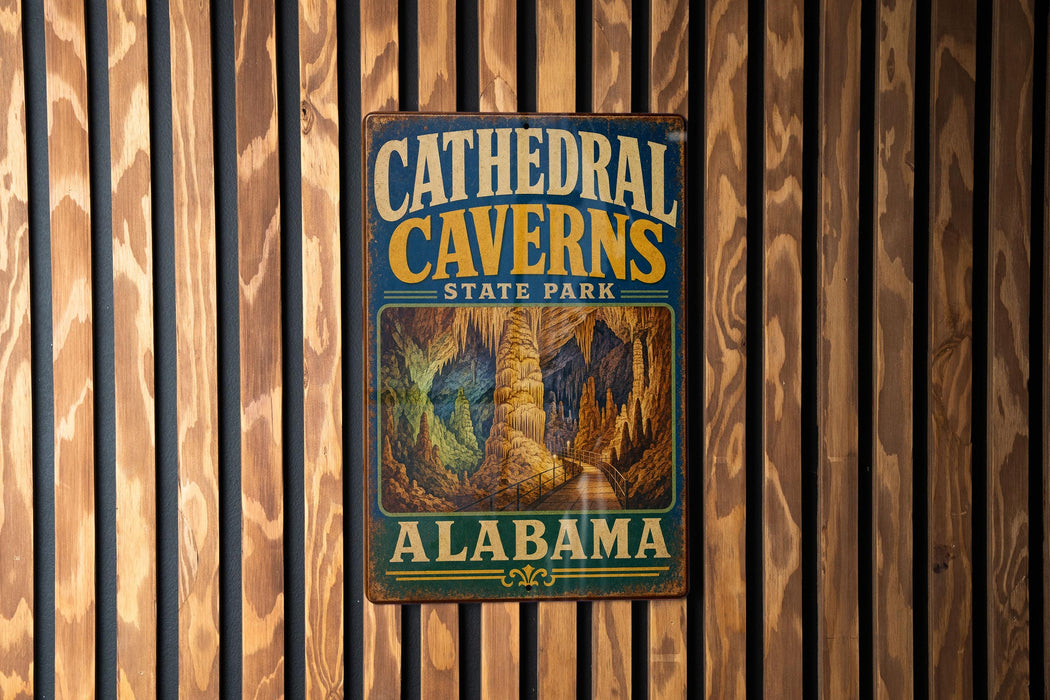 A vintage metal sign for Cathedral Caves State Park in Alabama, featuring an illustration of the cave system.