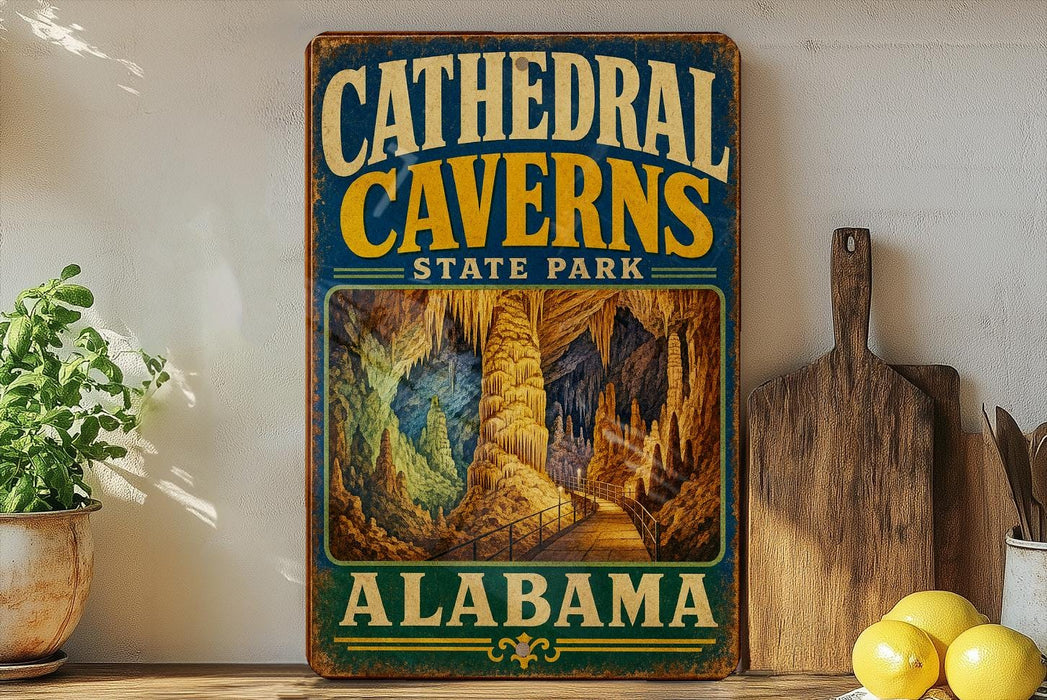A vintage-style sign for Cathedral Caves State Park in Alabama, featuring an illustration of the cave system.