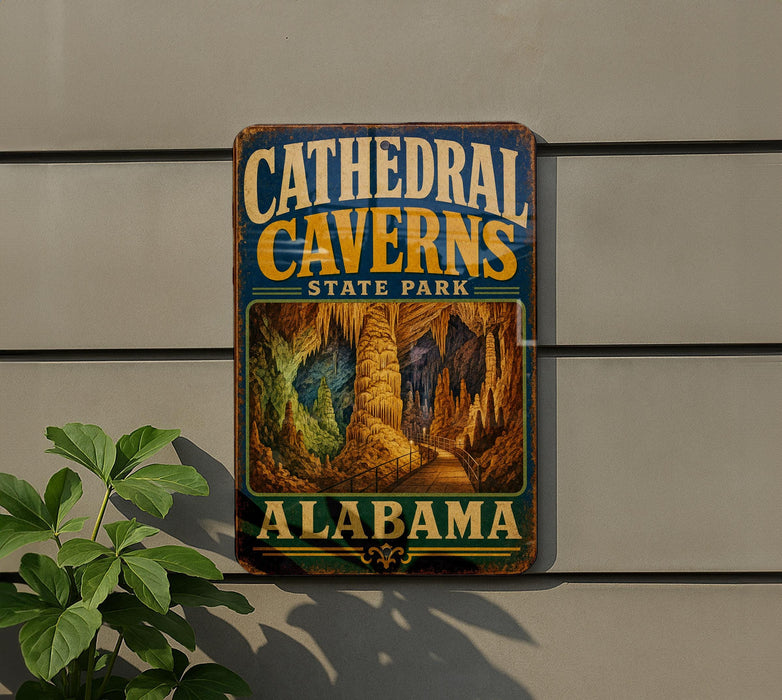 A vintage metal sign for Cathedral Caves State Park in Alabama, featuring an illustration of the cave system.