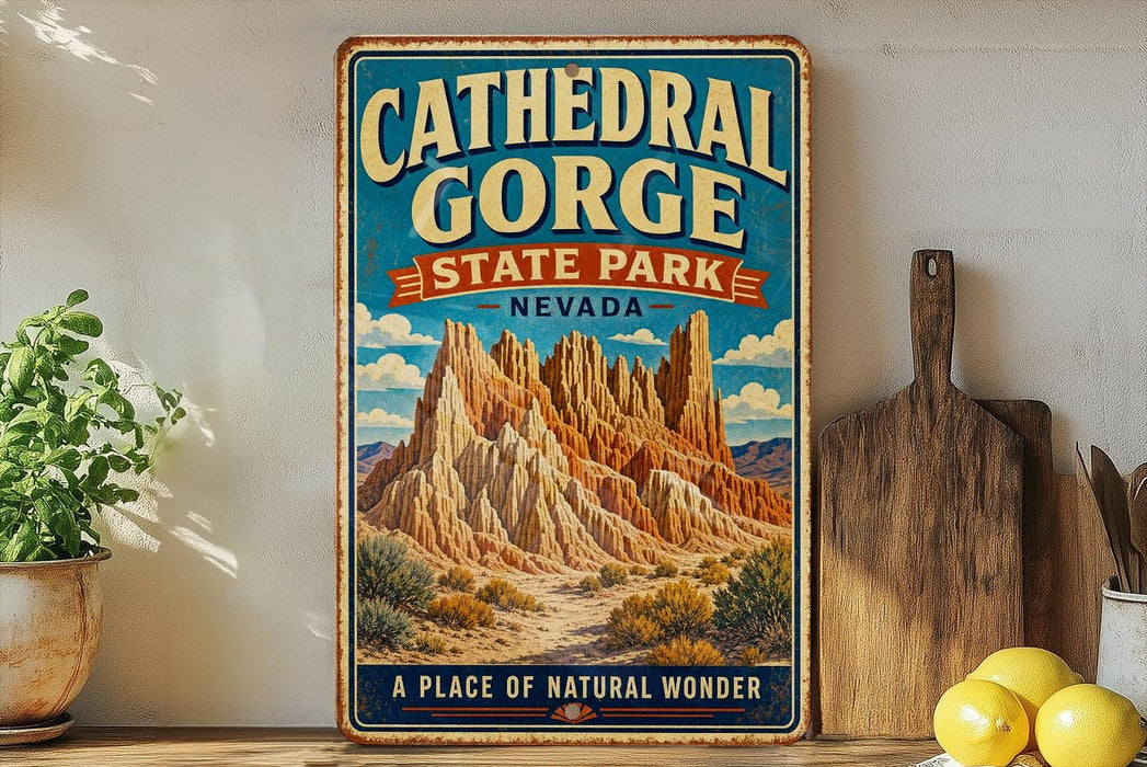 A vintage-style sign for Cathedral Gorge State Park in Nevada, featuring a scenic illustration of the canyon landscape.