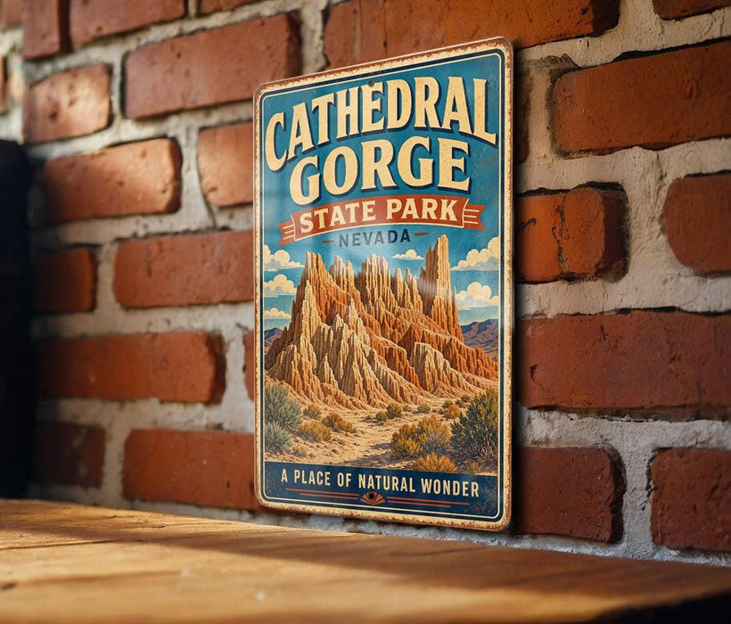 A vintage-style sign for Cathedral Gorge State Park in Nevada, featuring a scenic illustration of the canyon landscape.