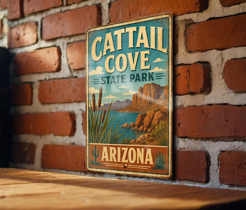 A vintage metal sign for Cattail Cove State Park in Arizona, featuring a scenic illustration of the park's landscape.