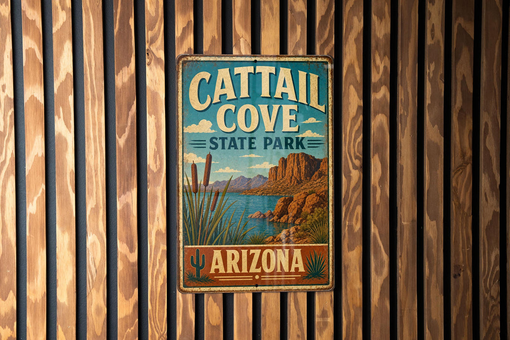 A vintage metal sign for Cattail Cove State Park in Arizona, featuring a desert landscape with mountains, cacti, and a body of water.