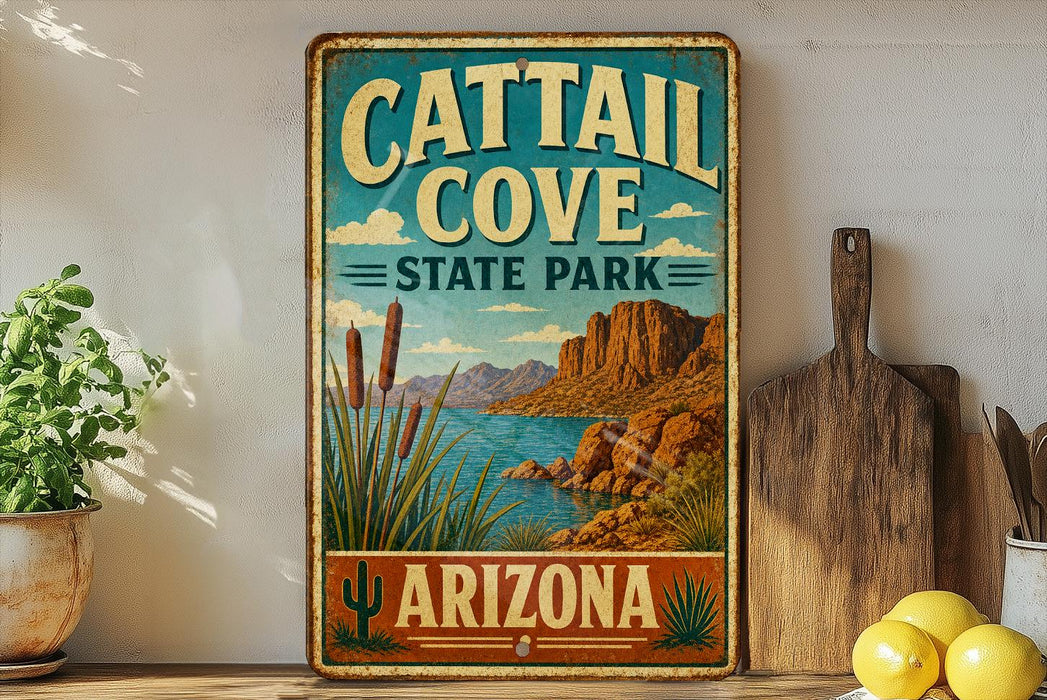 A vintage-style metal sign for Cattail Cove State Park in Arizona, featuring a desert landscape with mountains, cacti, and a body of water.